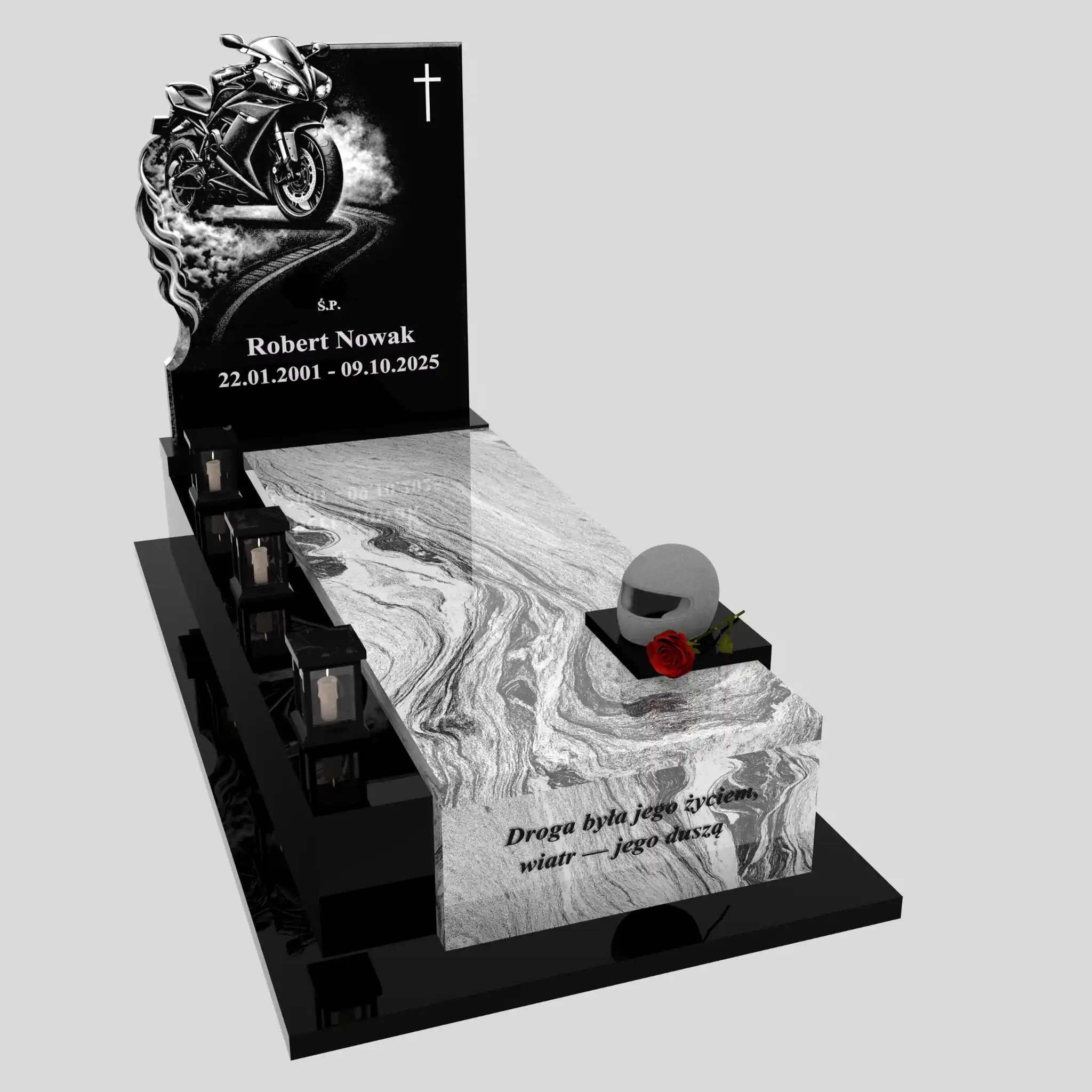 Nagrobek pojedynczy z grawerem motora i rzeźbą kasku K 131 zdjęcie 80