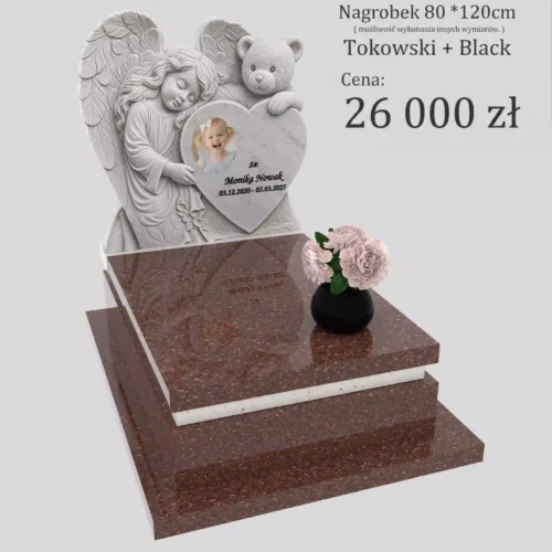 Nagrobek dla dziecka z aniołem i misiem D95 — wariant Tokowski, serce z fotografią i osobistą inskrypcją