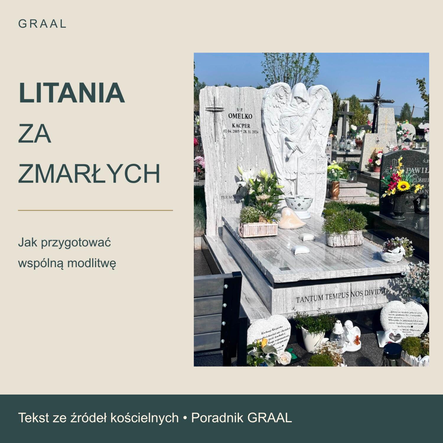 Okładka poradnika GRAAL o litanii za zmarłych z fotografią nagrobka z krzyżem i skrzydlatą postacią z mieczem