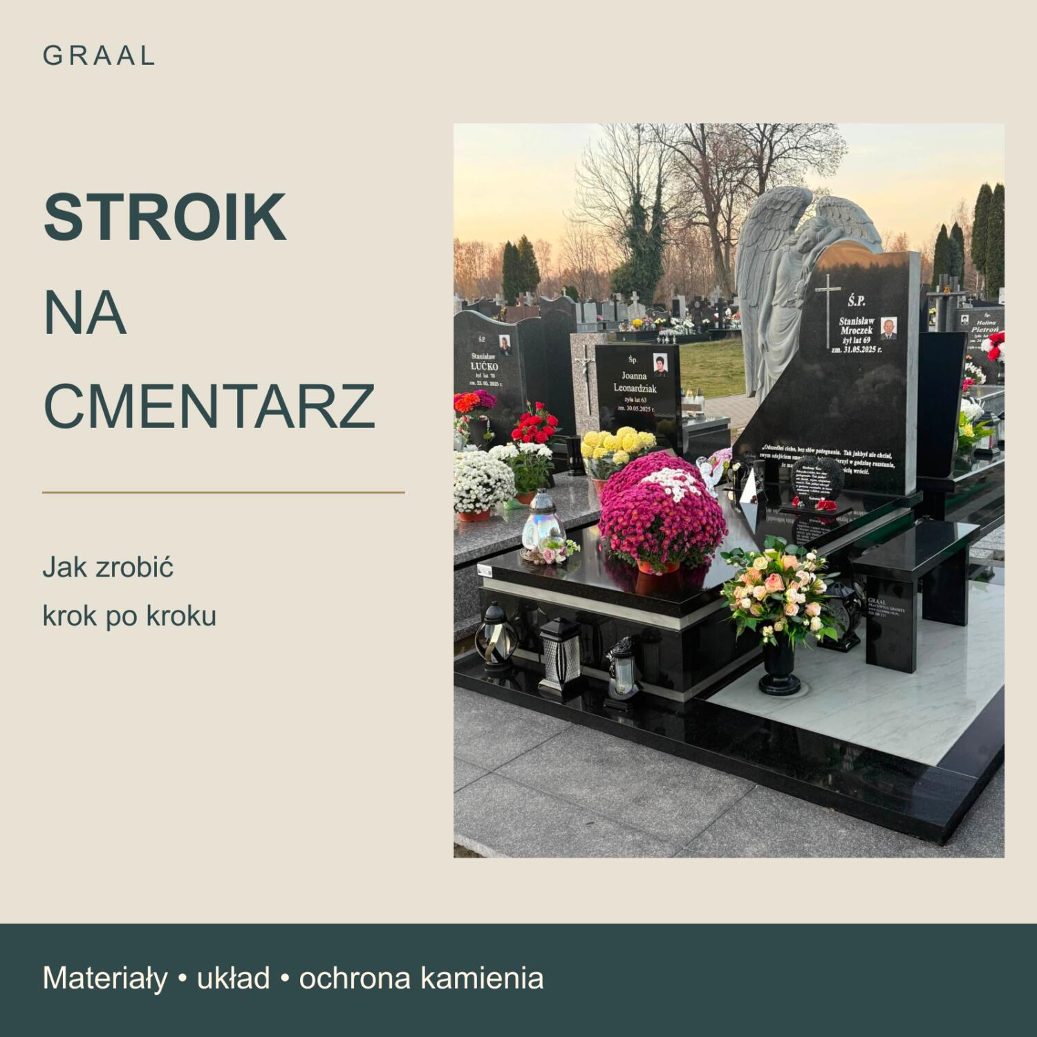 Okładka GRAAL: jak zrobić stroik na cmentarz, z fotografią kwiatów przy rzeczywistym nagrobku