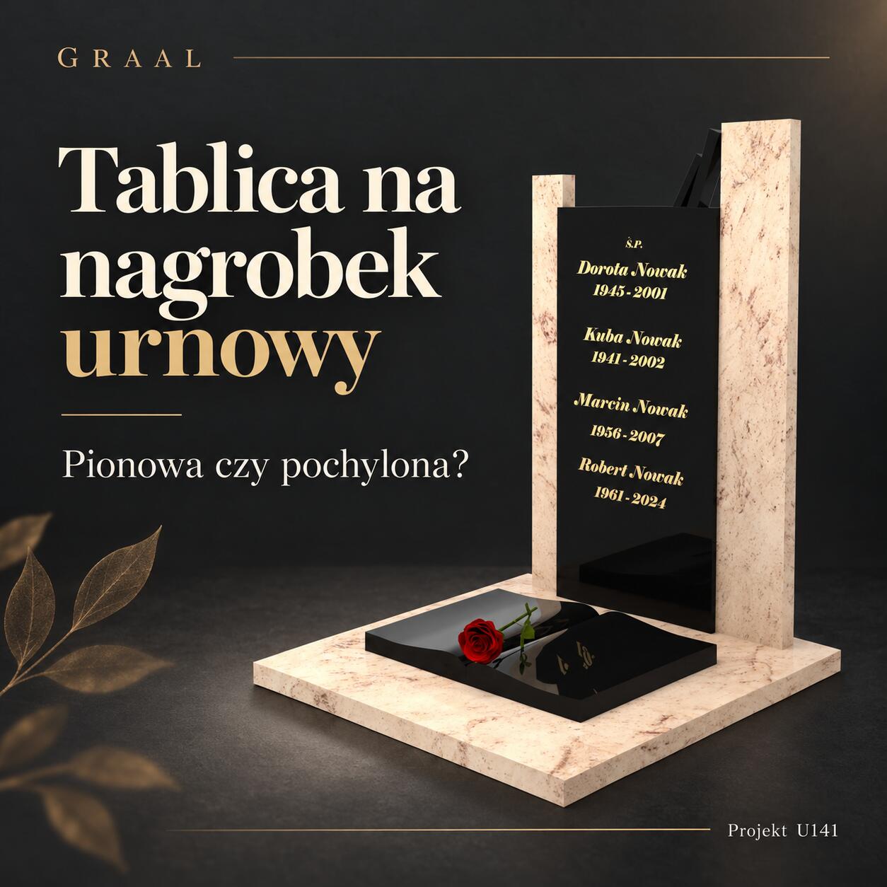 Artystyczna okładka poradnika GRAAL: nagrobek urnowy z pionową tablicą i książką, tablica pionowa czy pochylona