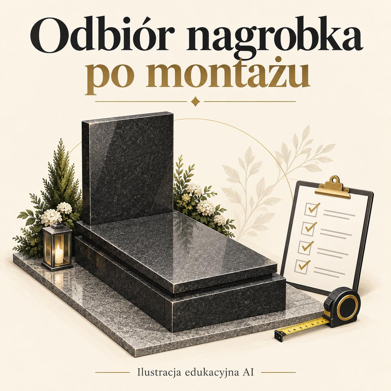 Ilustracja edukacyjna AI: nagrobek, lista kontrolna i miarka podczas planowania odbioru po montażu