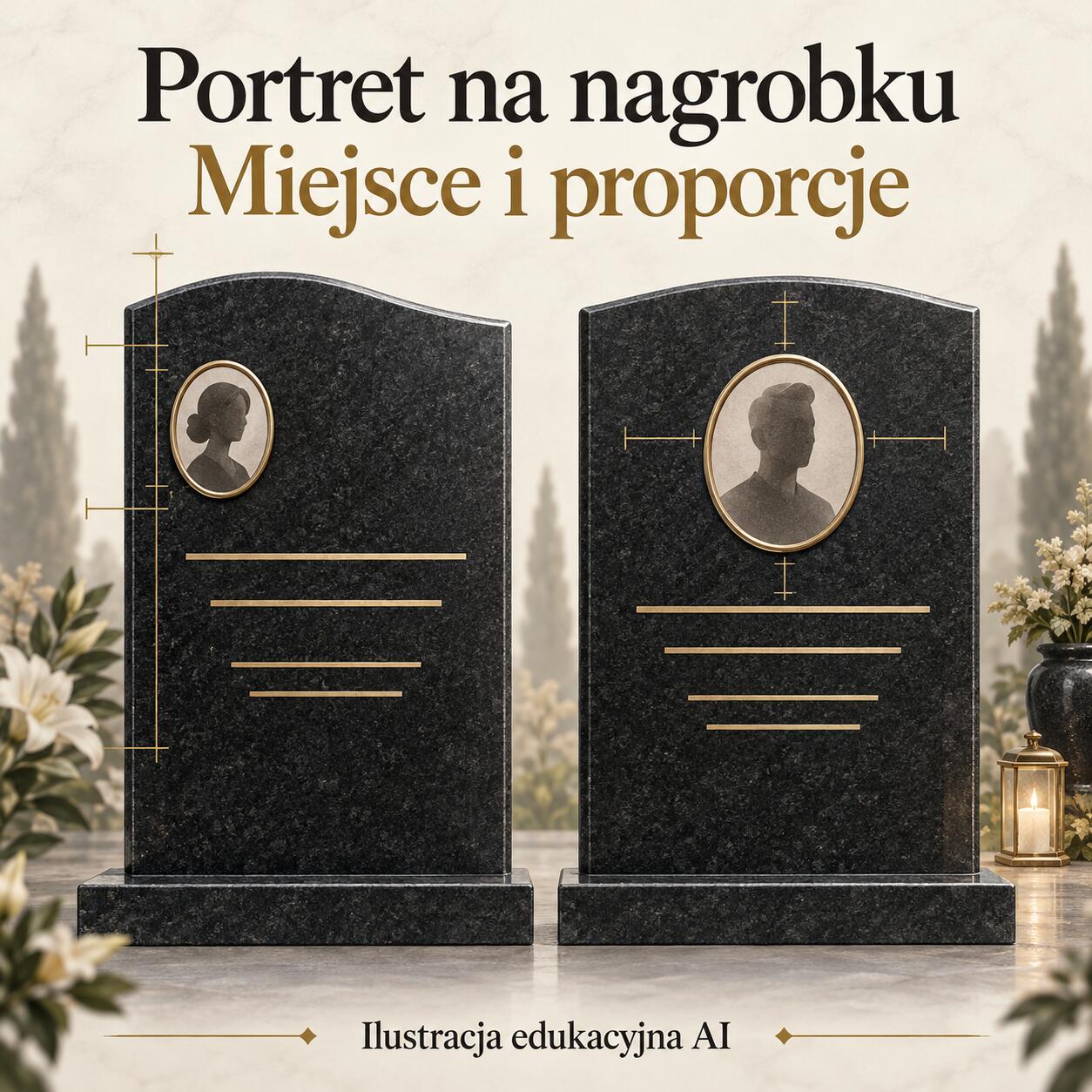 Ilustracja edukacyjna AI: dwa schematyczne układy portretu na tablicy nagrobnej, boczny i centralny