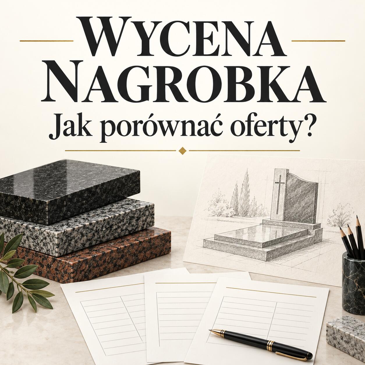 Ilustracja AI: próbki granitu, szkic nagrobka i arkusze porównania ofert