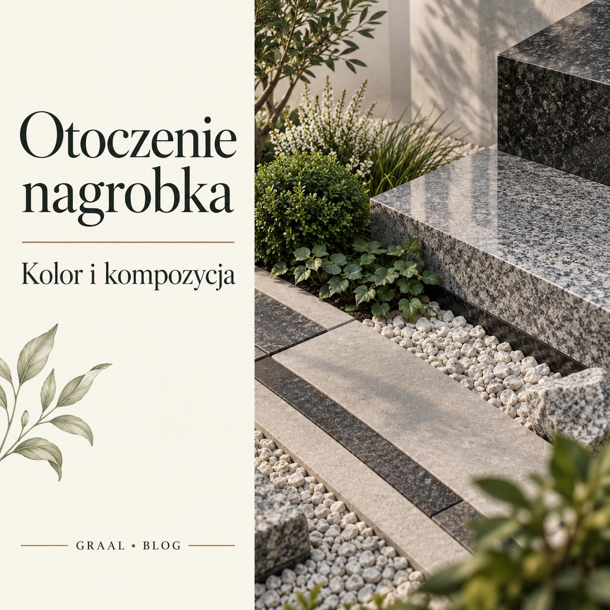 Ilustracja AI: kompozycja szarego granitu, jasnej nawierzchni i zieleni