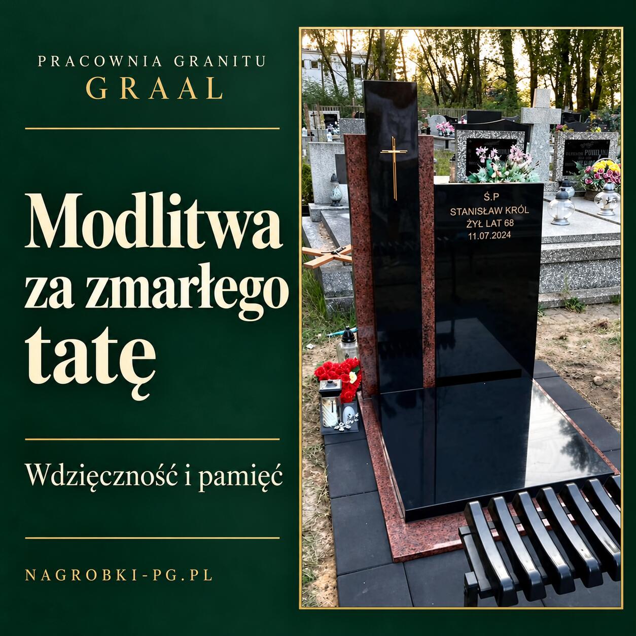Modlitwa za zmarłego tatę — okładka GRAAL z fotografią nagrobka urnowego i krzyżem