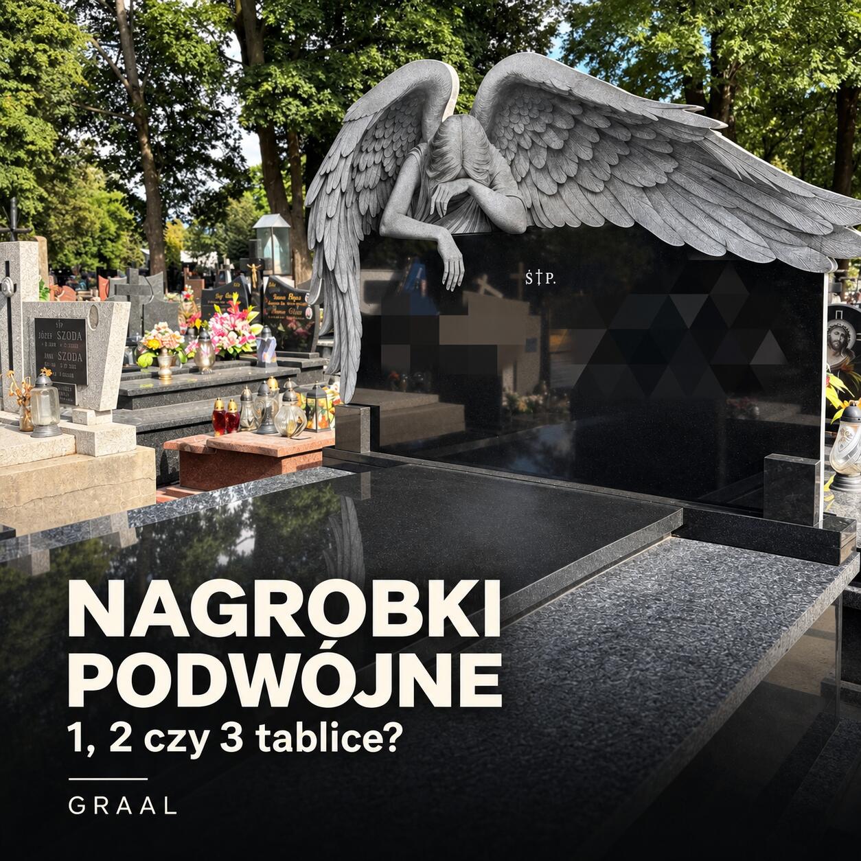 Okładka poradnika GRAAL: nagrobek podwójny z aniołem i pytanie „1, 2 czy 3 tablice?”