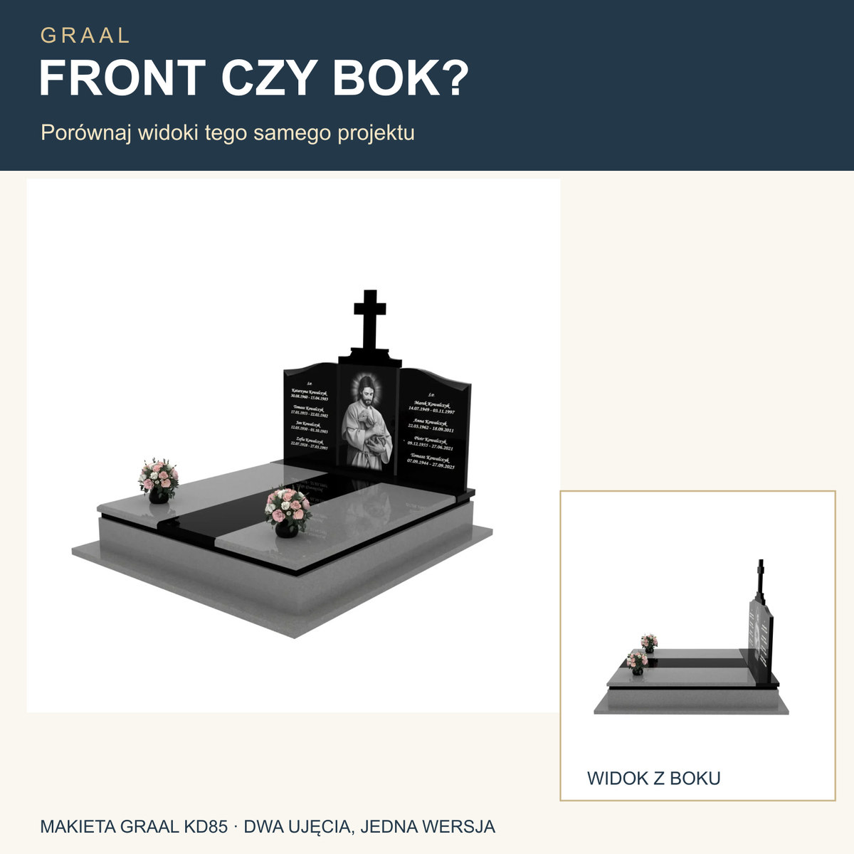 Front czy bok projektu nagrobka — dwa niezmienione ujęcia makiety GRAAL KD85 z centralnym wizerunkiem Jezusa i krzyżem
