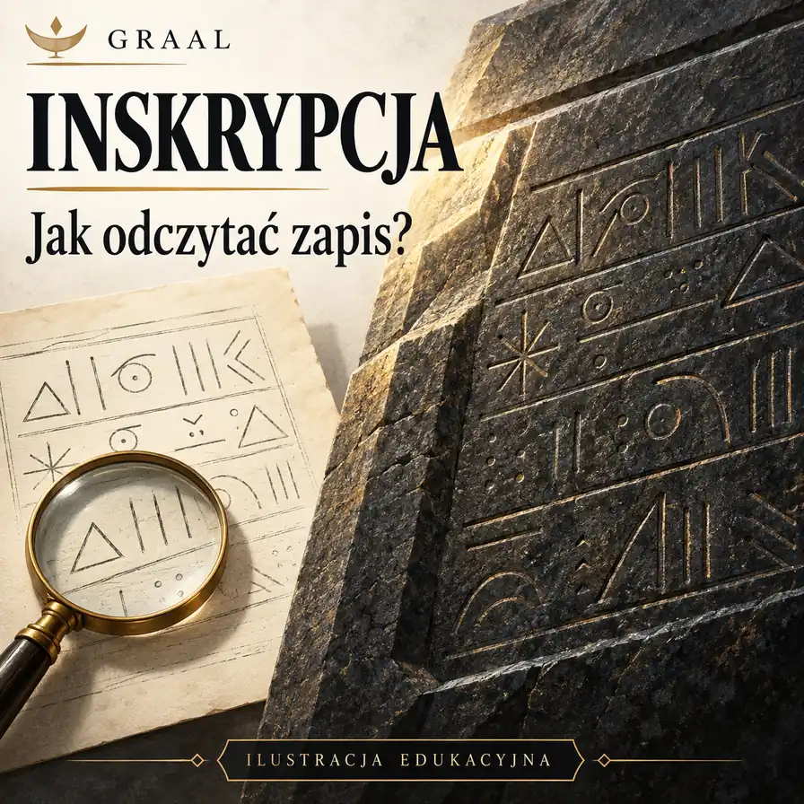 Ilustracja edukacyjna: kamienna tablica ze znakami, karta odczytu i lupa — Inskrypcja, jak odczytać zapis?