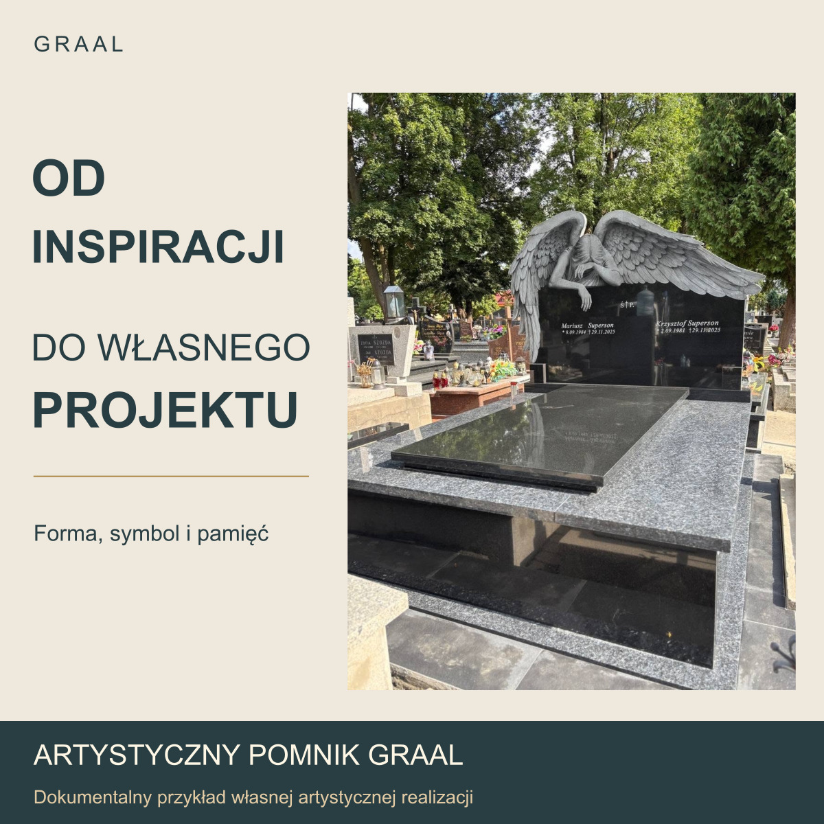 Od inspiracji do własnego projektu — artystyczna realizacja GRAAL z szerokim szarym aniołem nad dwoma polami inskrypcji
