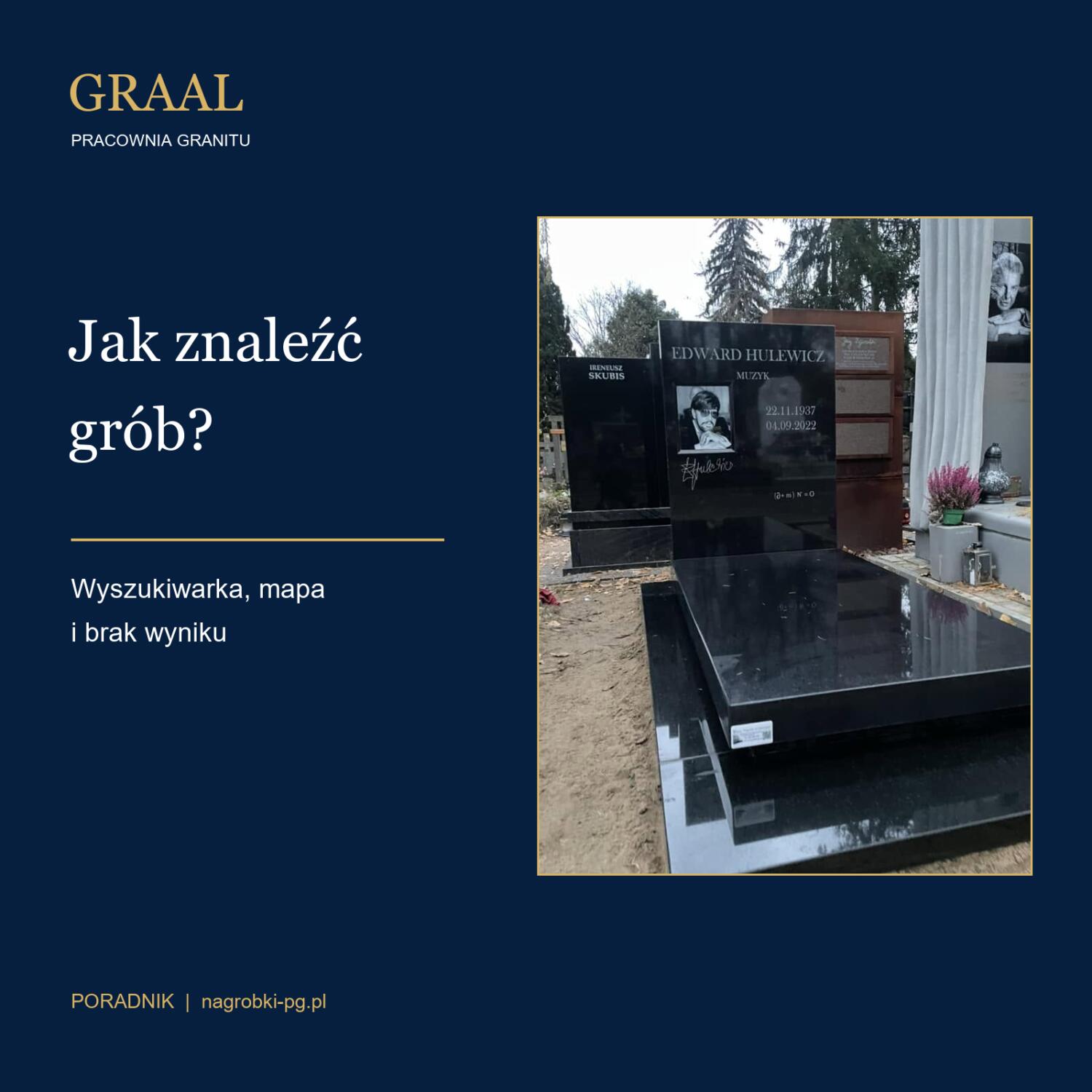 Jak znaleźć grób — okładka poradnika z autentyczną fotografią nagrobka Edwarda Hulewicza, realizacja GRAAL