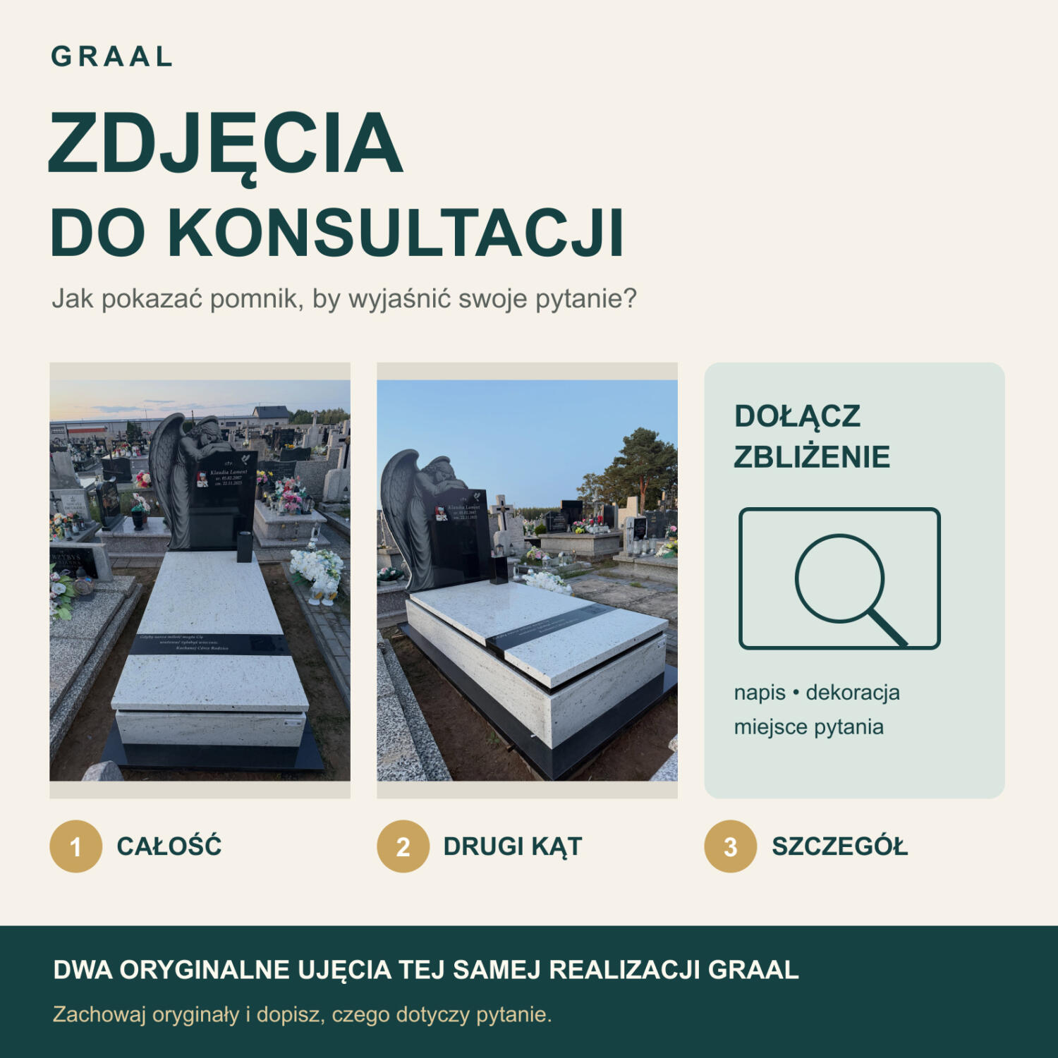 Zdjęcia do konsultacji GRAAL: pełny widok nagrobka, drugi kąt tej samej realizacji i schemat przypominający o zbliżeniu szczegółu
