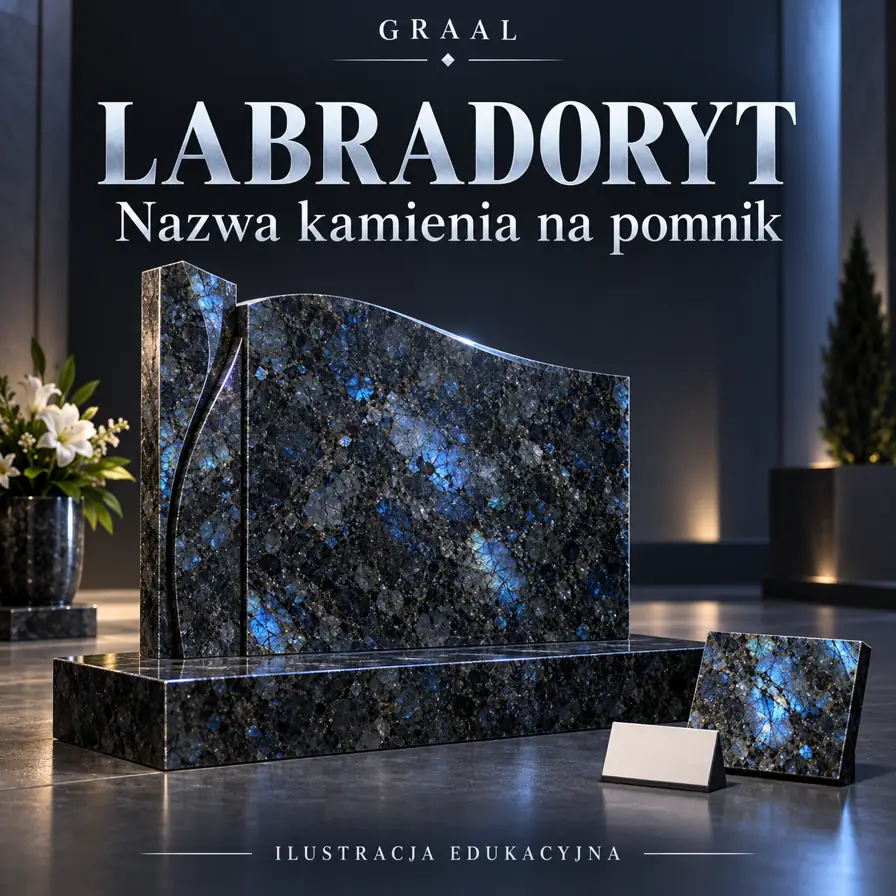 Ilustracja edukacyjna kamiennego pomnika i próbki o ciemnym, srebrzystoniebieskim rysunku — Labradoryt