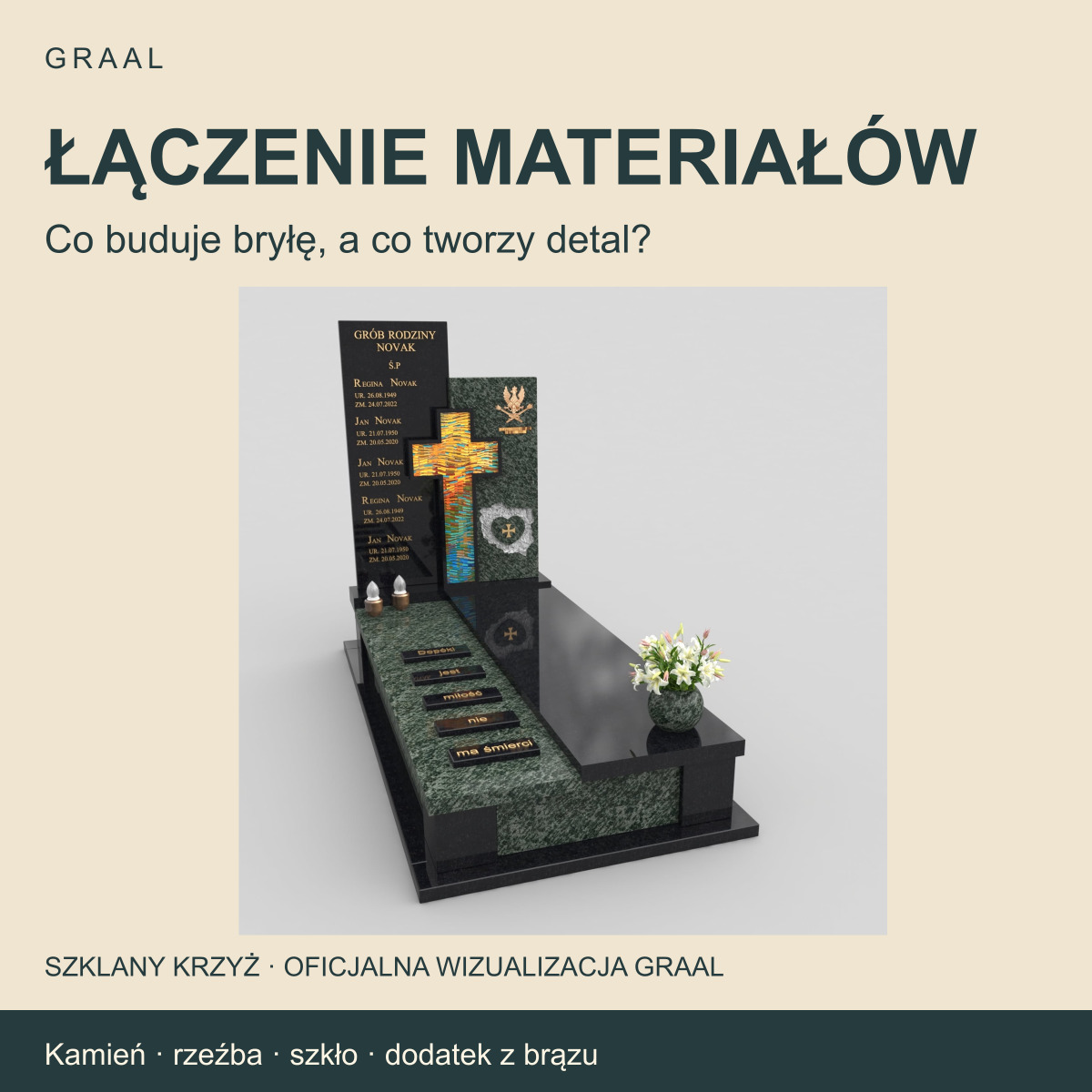 Łączenie materiałów — oficjalna wizualizacja GRAAL z kolorowym szklanym krzyżem w czarno-zielonej kompozycji nagrobka