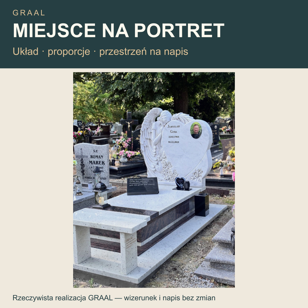 Miejsce na portret — rzeczywista realizacja GRAAL z owalnym wizerunkiem na jasnej tablicy w kształcie serca