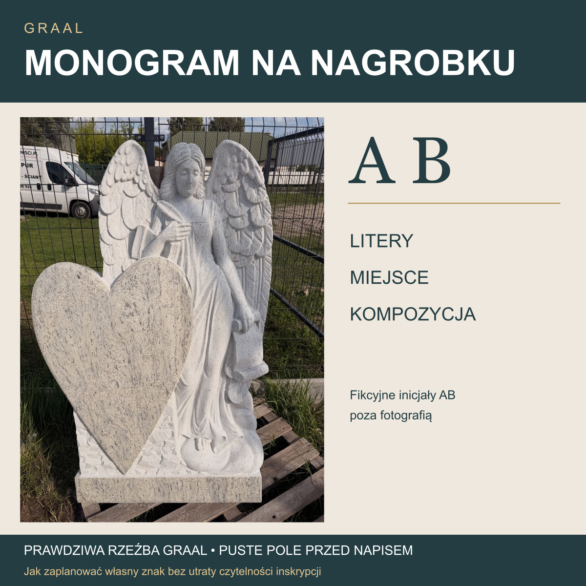 Monogram na nagrobku — planowanie liter i miejsca; rzeczywista rzeźba GRAAL z pustym sercem oraz osobne fikcyjne inicjały AB poza fotografią