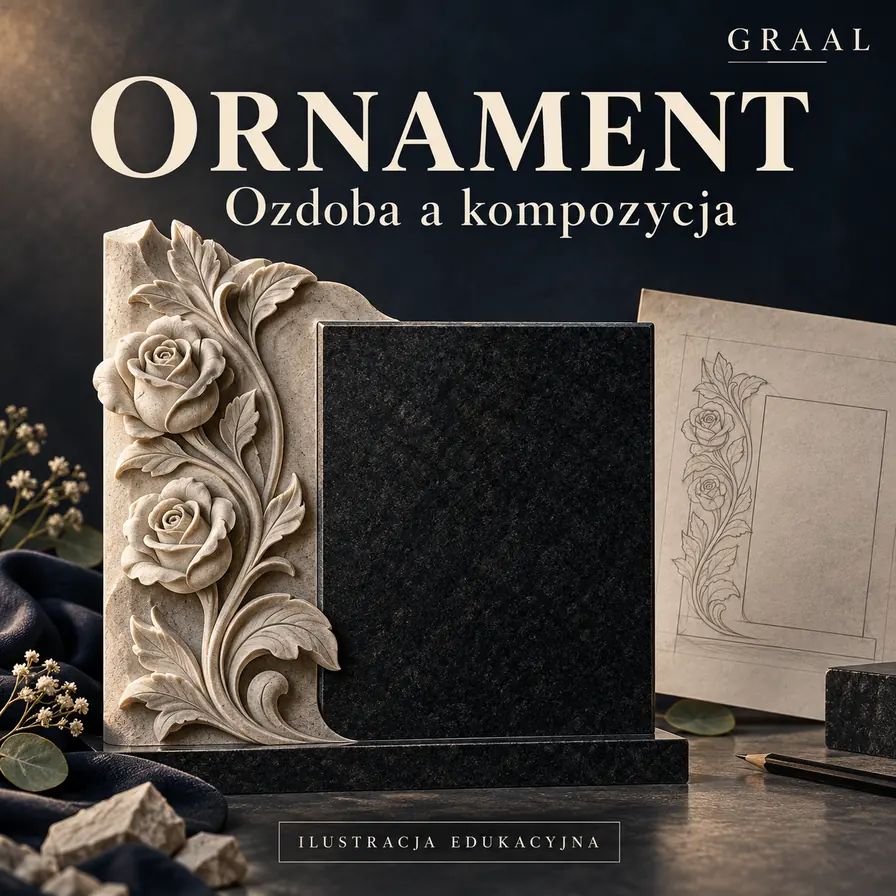 Ilustracja edukacyjna kamiennego ornamentu z różami i liśćmi obok pustego pola inskrypcji
