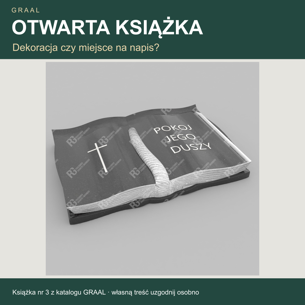 Otwarta książka nr 3 z katalogu GRAAL — krzyż na lewej stronie, dedykacja na prawej i objaśnienie roli napisu