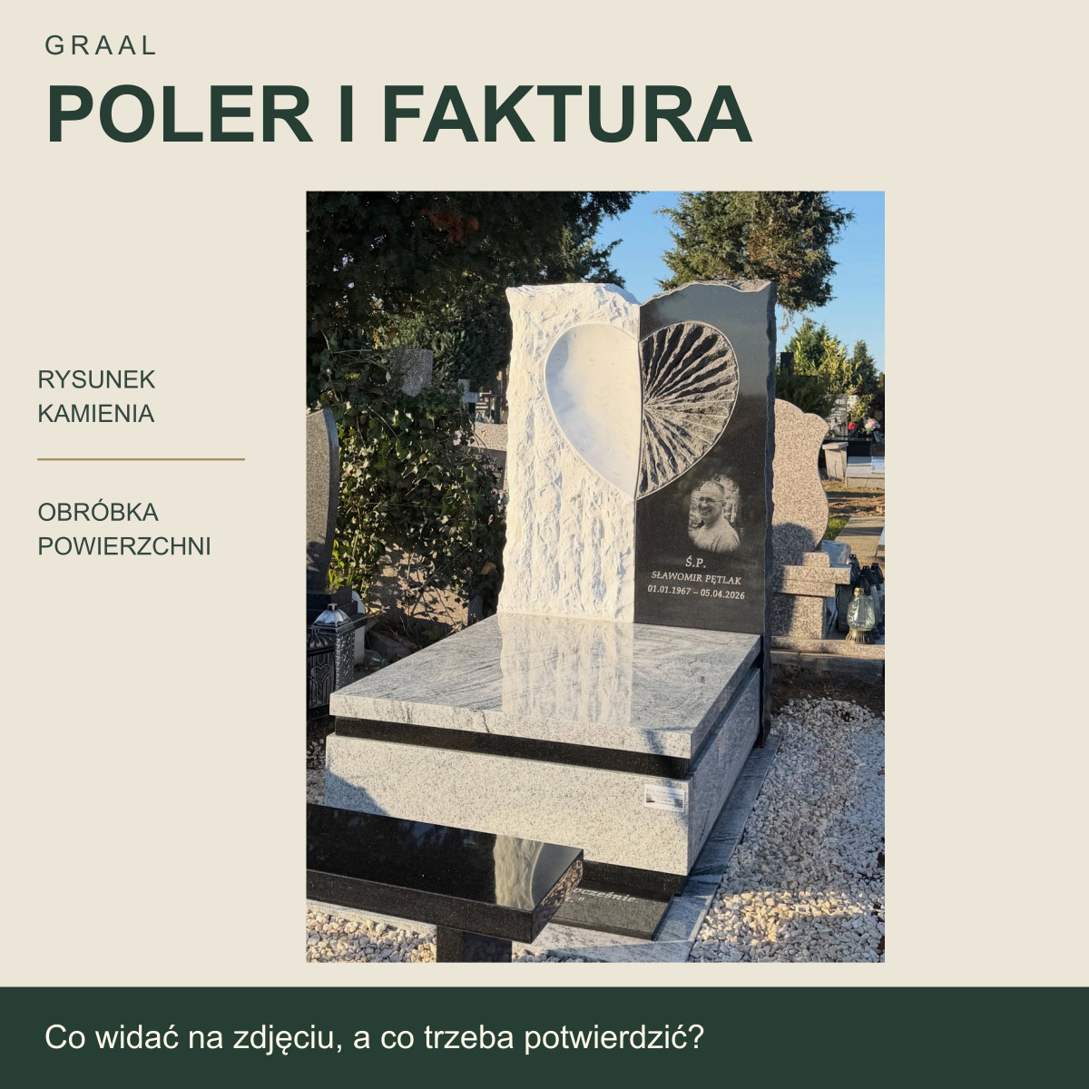 Poler i faktura — rzeczywista realizacja GRAAL z rzeźbionym motywem serca obok ciemnego pola portretu