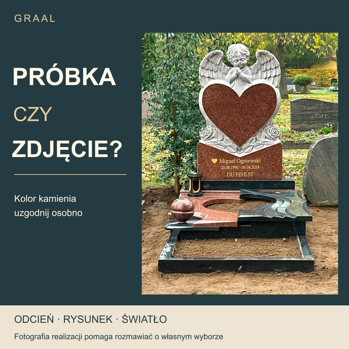 Próbka czy zdjęcie — rzeczywista realizacja GRAAL z czerwonym sercem, jasnym aniołem i ciemną podstawą