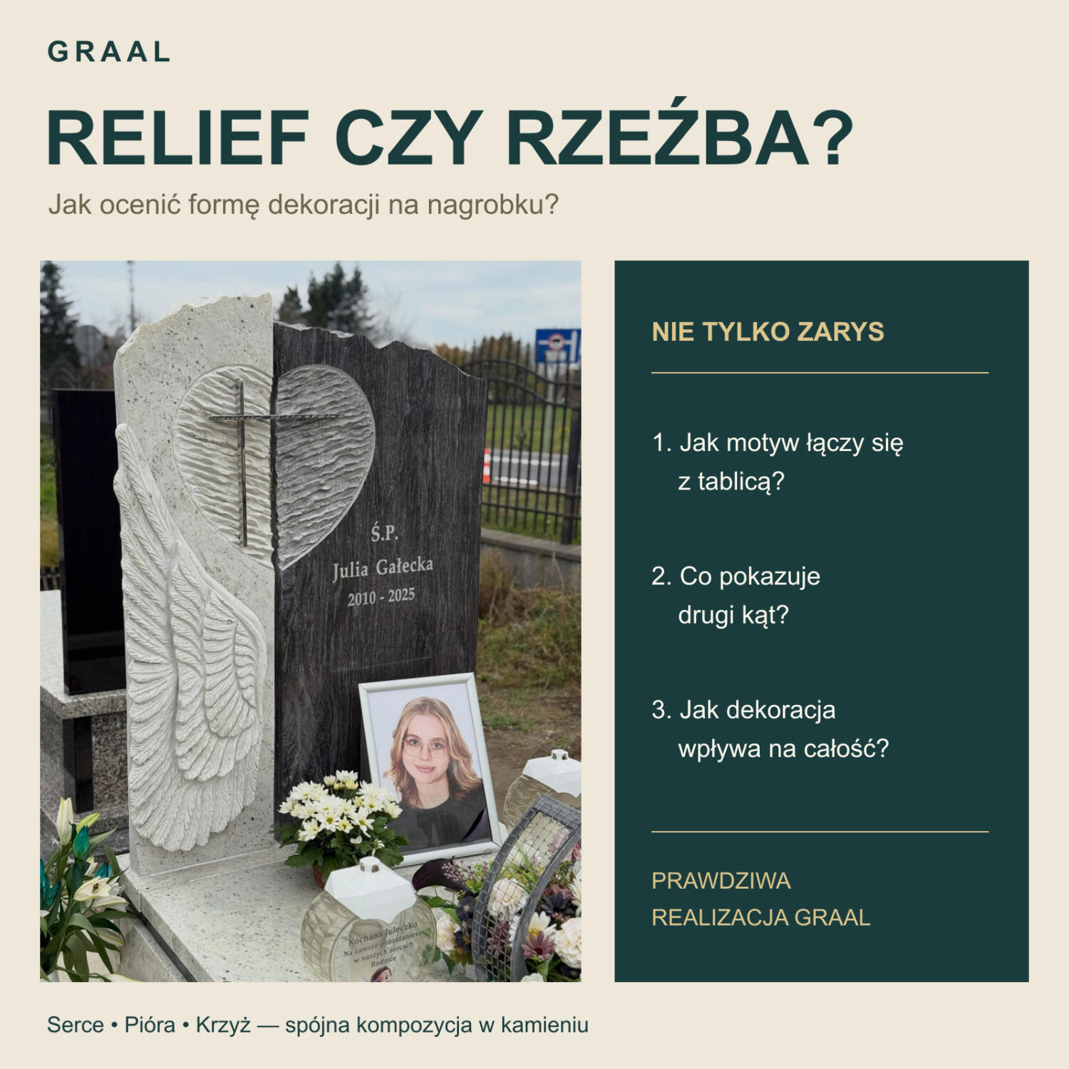 Rzeźbiony motyw serca, piór i krzyża na jasnej części tablicy obok ciemnego pola napisu — realizacja GRAAL