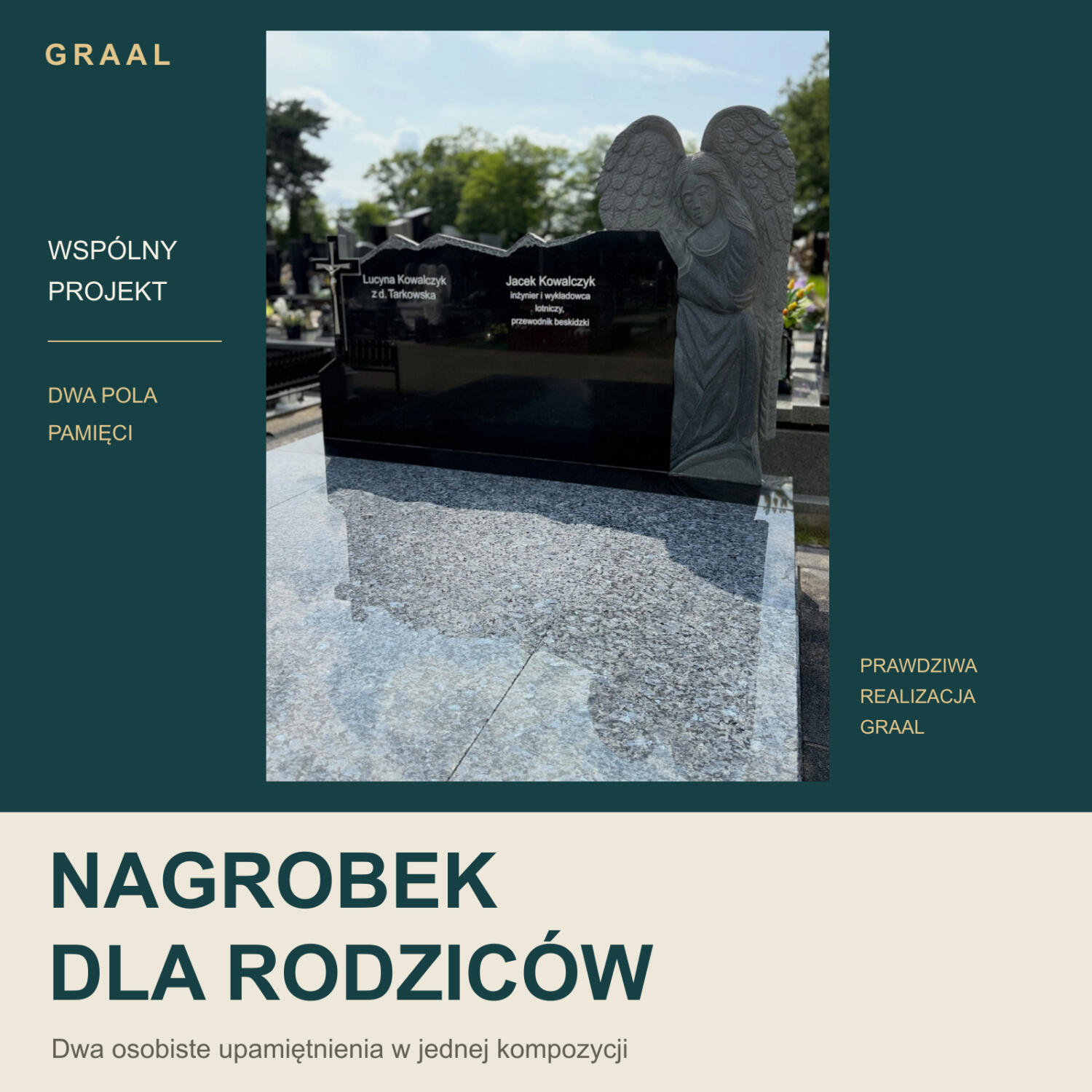 Nagrobek dla rodziców — rzeczywista realizacja GRAAL z dwoma polami nazwisk na ciemnej tablicy i postacią anioła po prawej