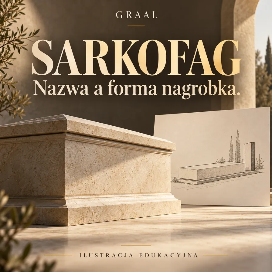 Ilustracja edukacyjna skrzyniowej kamiennej formy i szkicu współczesnego nagrobka — sarkofag a nazwa projektu