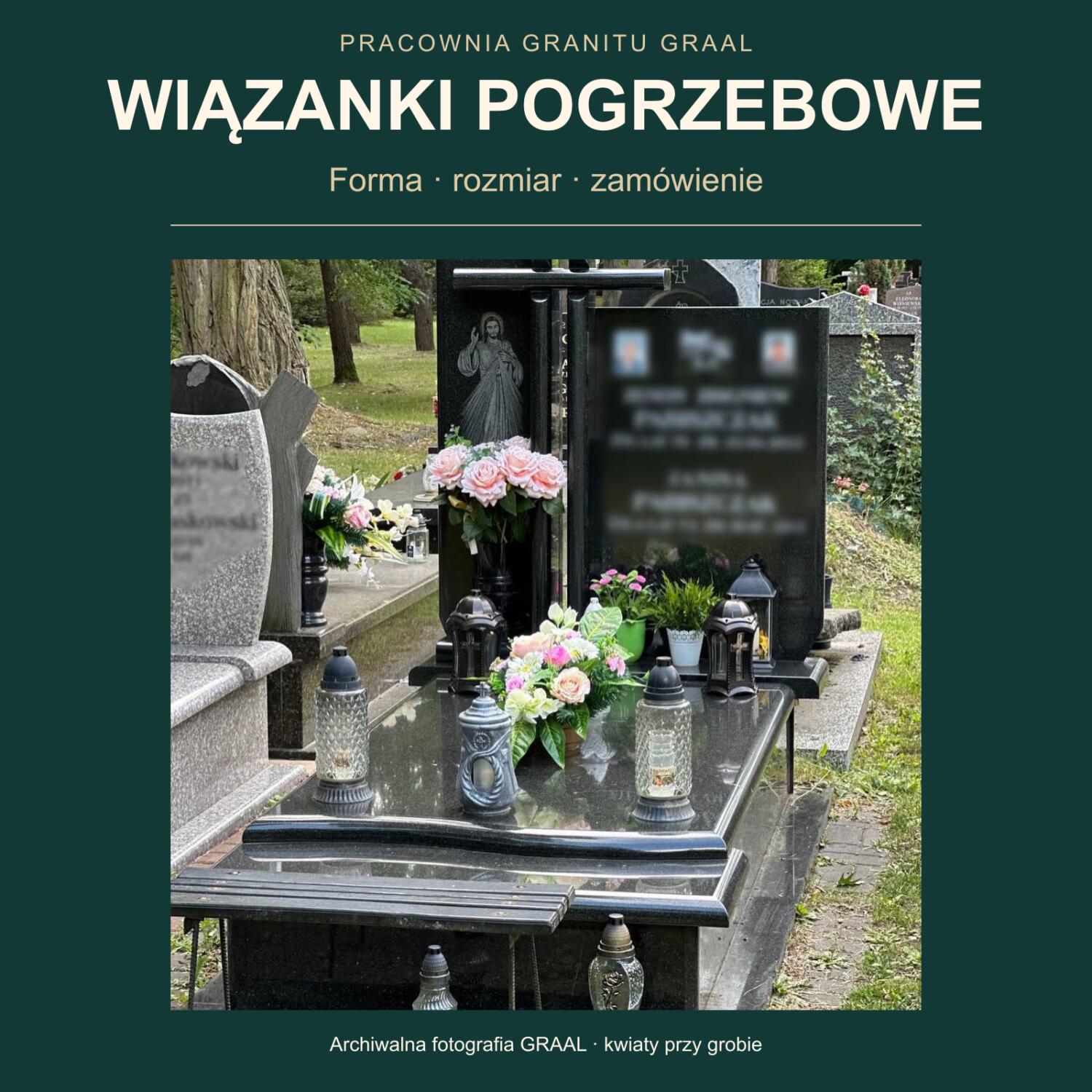 Wiązanki pogrzebowe — poradnik wyboru; archiwalna fotografia kwiatów w wazonie i kompozycji na płycie nagrobnej