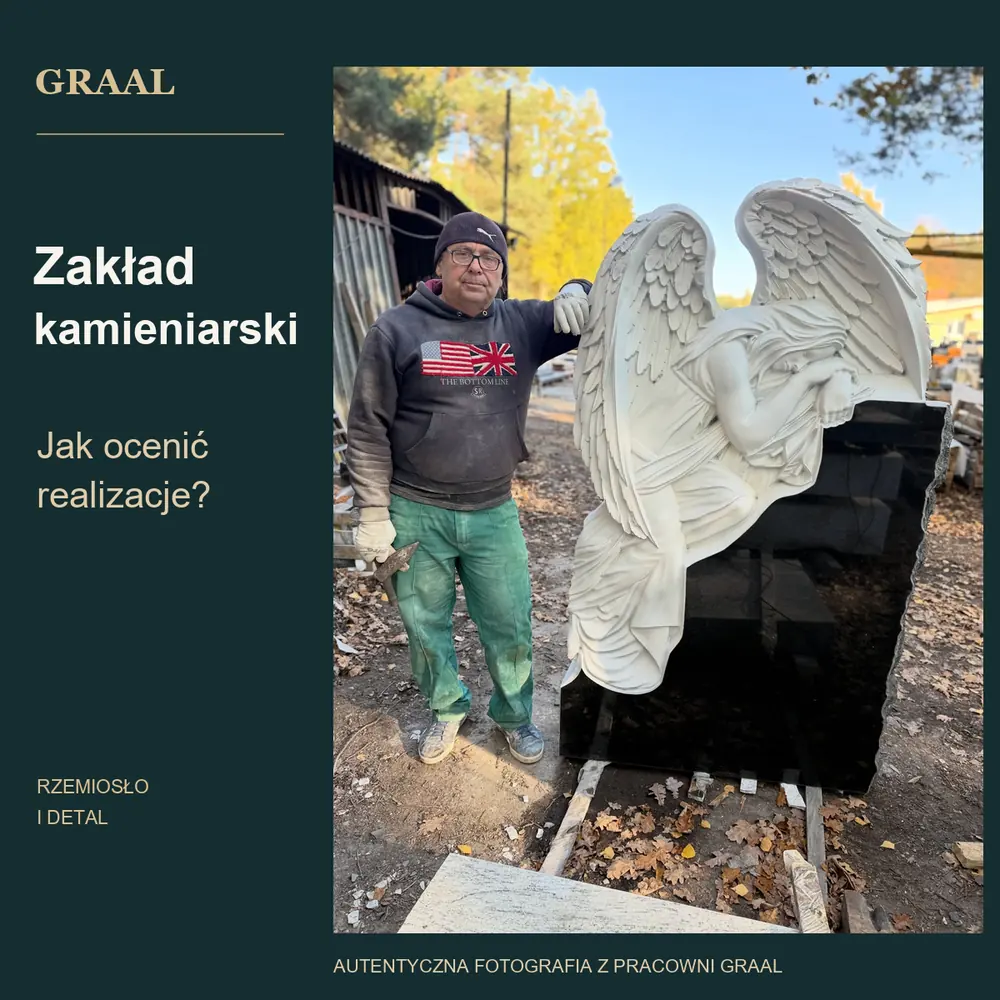 Rzeźbiarz Piotr przy rzeźbie anioła w pracowni GRAAL — jak ocenić realizacje zakładu kamieniarskiego